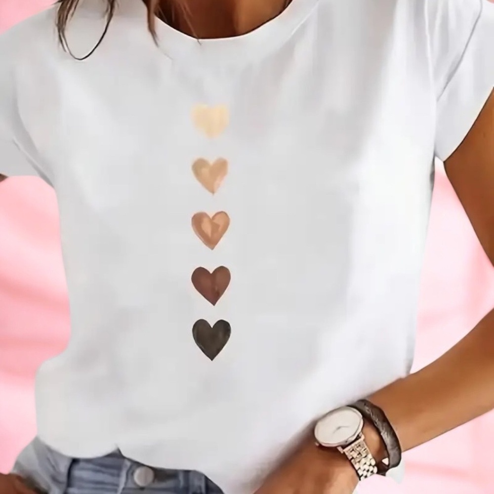 Heart Print T-shirt Crew Neck Casual Short Sleeve Top